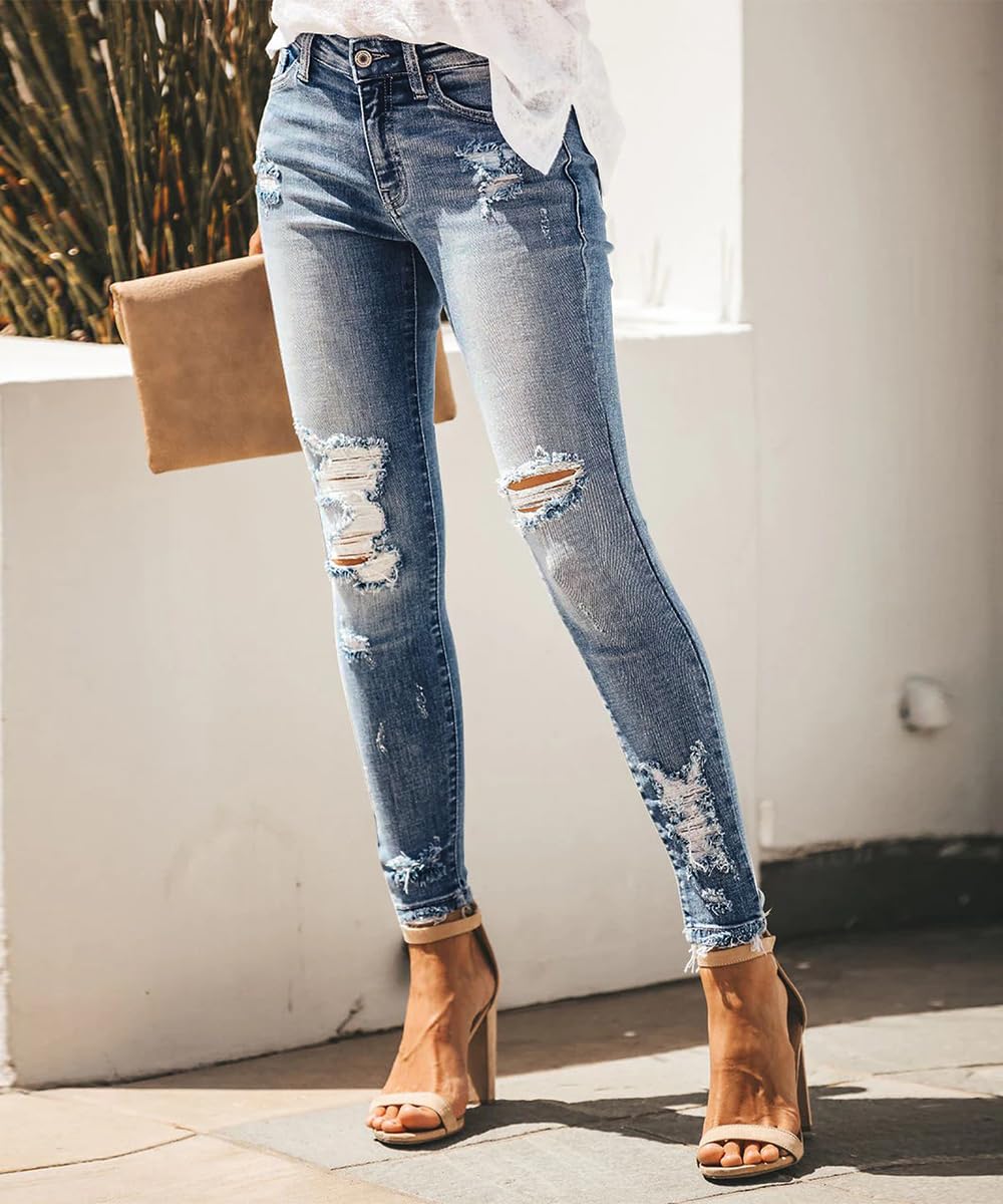 Women's Ripped Skinny Jeans Distressed Stretchy Denim Pants
