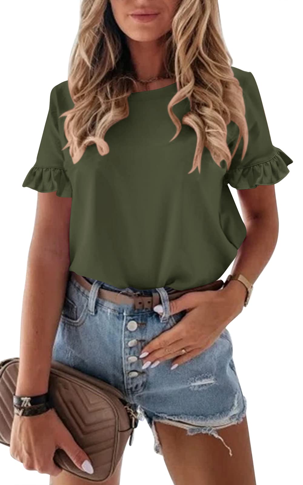 Women's Short Sleeve Casual T Shirts Summer Ruffle Plain Round Neck Loose Fit Tee Blouse Tops
