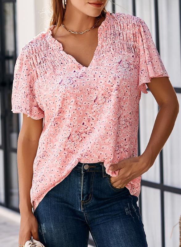 Women's Casual V Neck Floral Print Smocked Short Sleeve Chiffon Blouses Bohemian Top Shirts