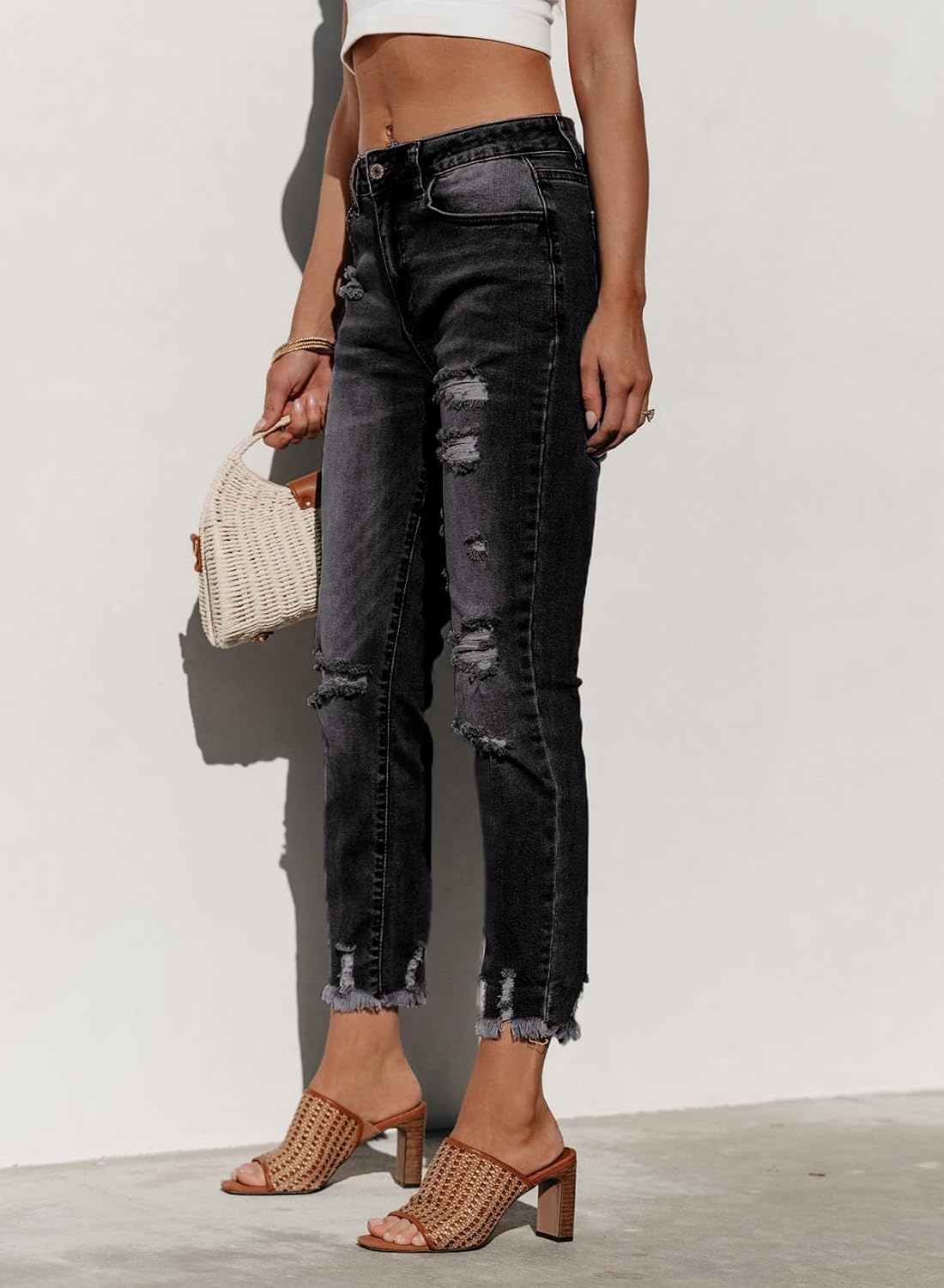 Women's Ripped Jeans Straight Leg Distressed Boyfriend Denim Pants