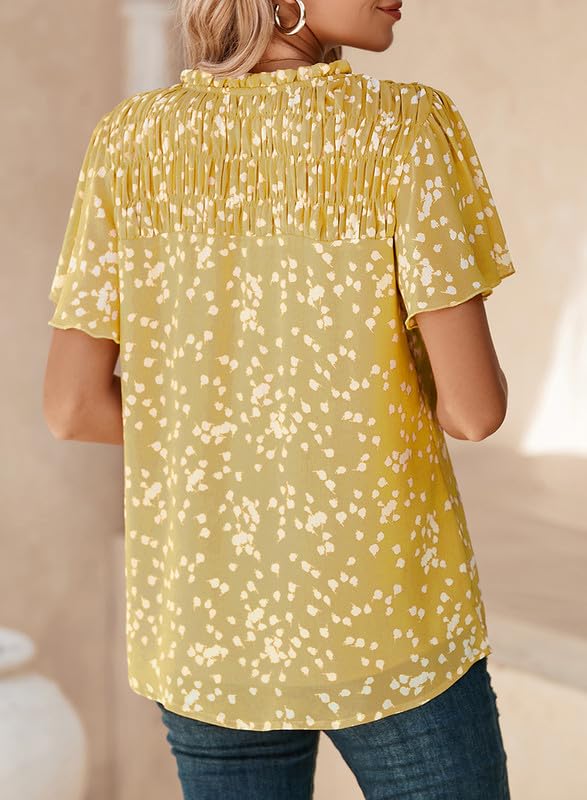 Women's Casual V Neck Floral Print Smocked Short Sleeve Chiffon Blouses Bohemian Top Shirts
