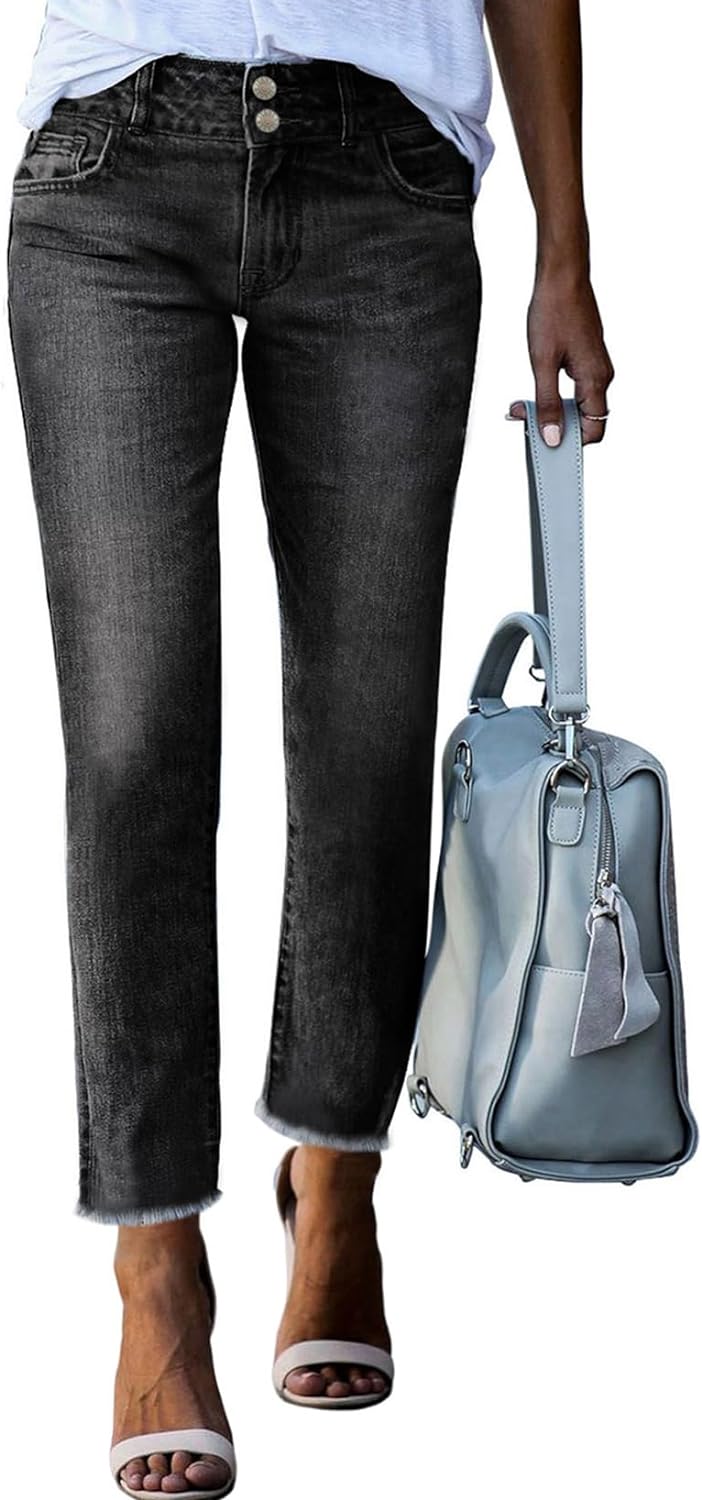 Women's High Waisted Jeans Strechy Raw Hem Straight Leg Denim Pants with Pockets