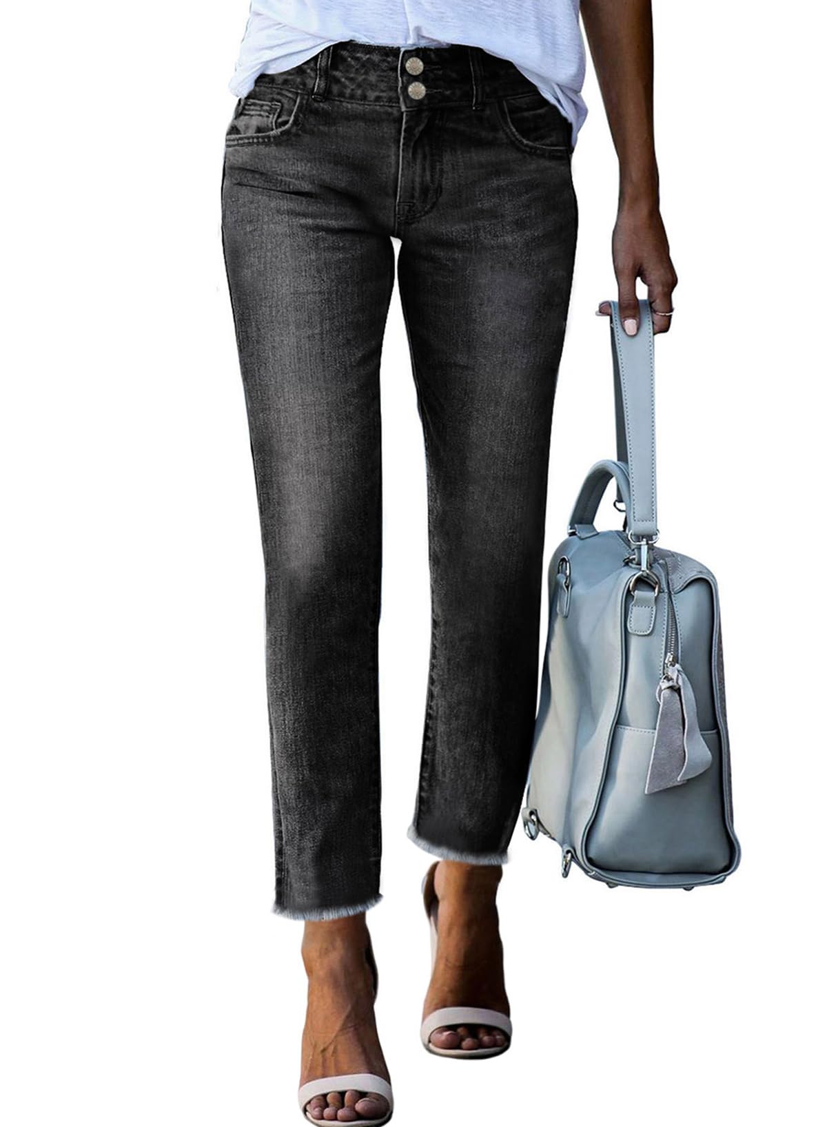 Women's High Waisted Jeans Strechy Raw Hem Straight Leg Denim Pants with Pockets