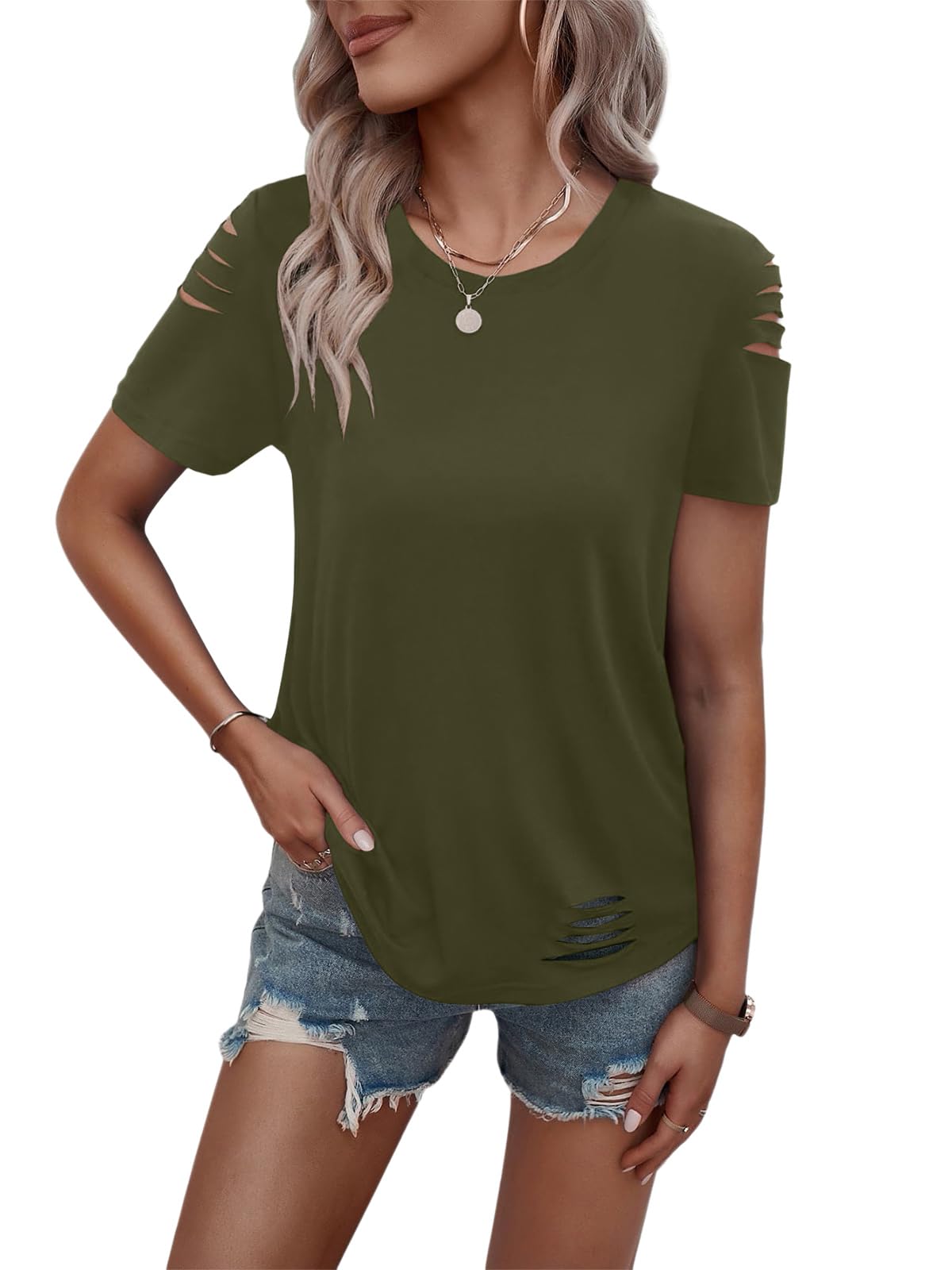 Women's Short Sleeve T Shirts Crew Neck Ripped Cut Out Summer Casual Basic Tees Tops