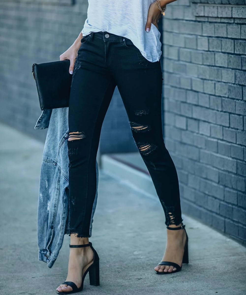Women's Ripped Skinny Jeans Distressed Stretchy Denim Pants