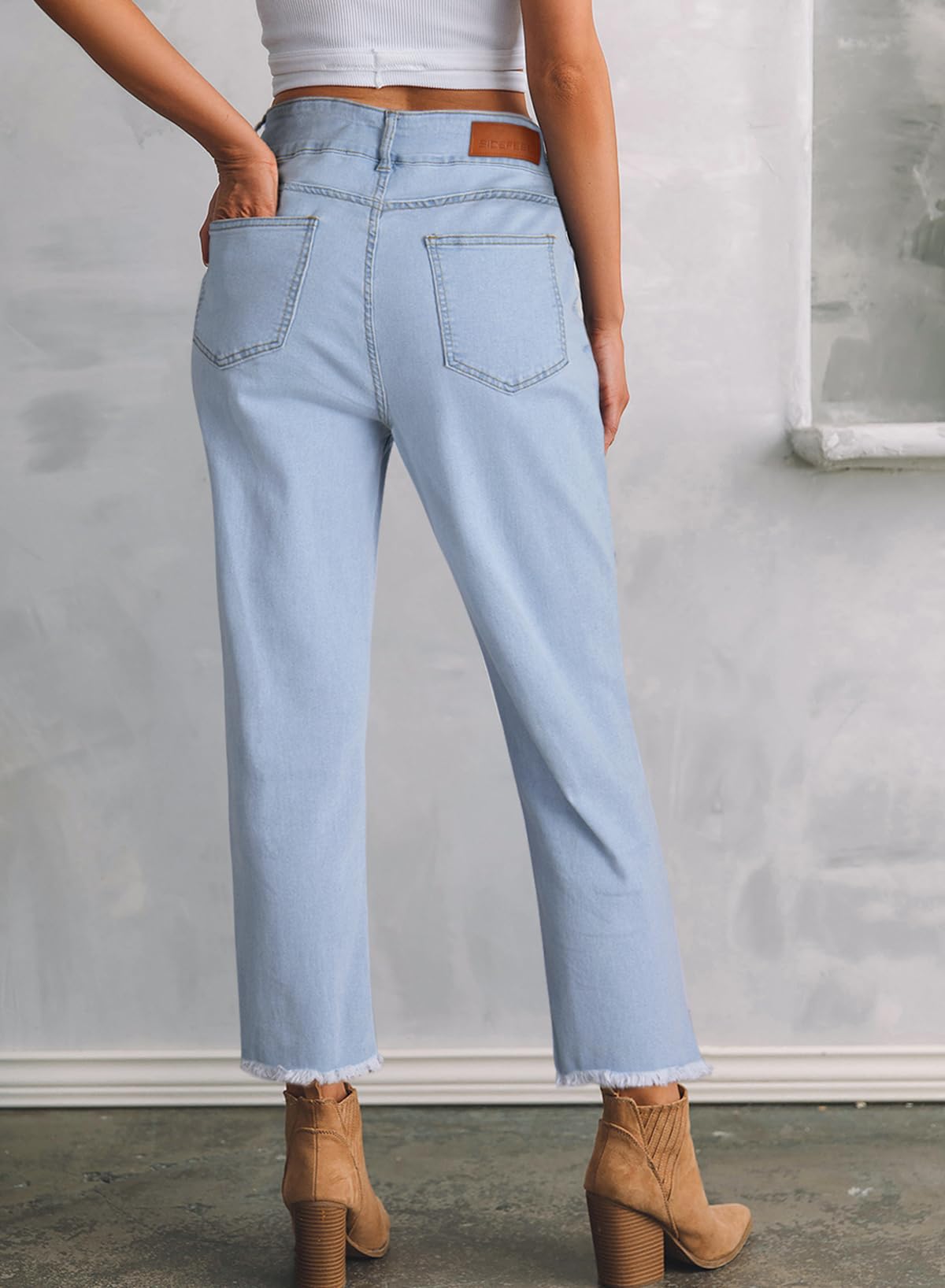 Women's High Waisted Jeans Strechy Raw Hem Straight Leg Denim Pants with Pockets