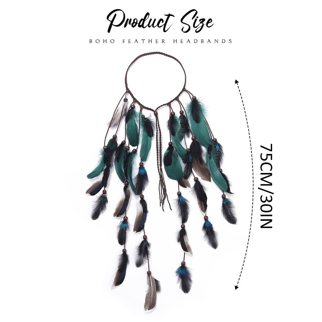 GORTIN Boho Feather Headband Gypsy Headpiece Headdress Bohemian Hippie Headbands Indian Festival Hair Band Adjust Long Feather Hair Accessories for Women and Girls (Black+Green)