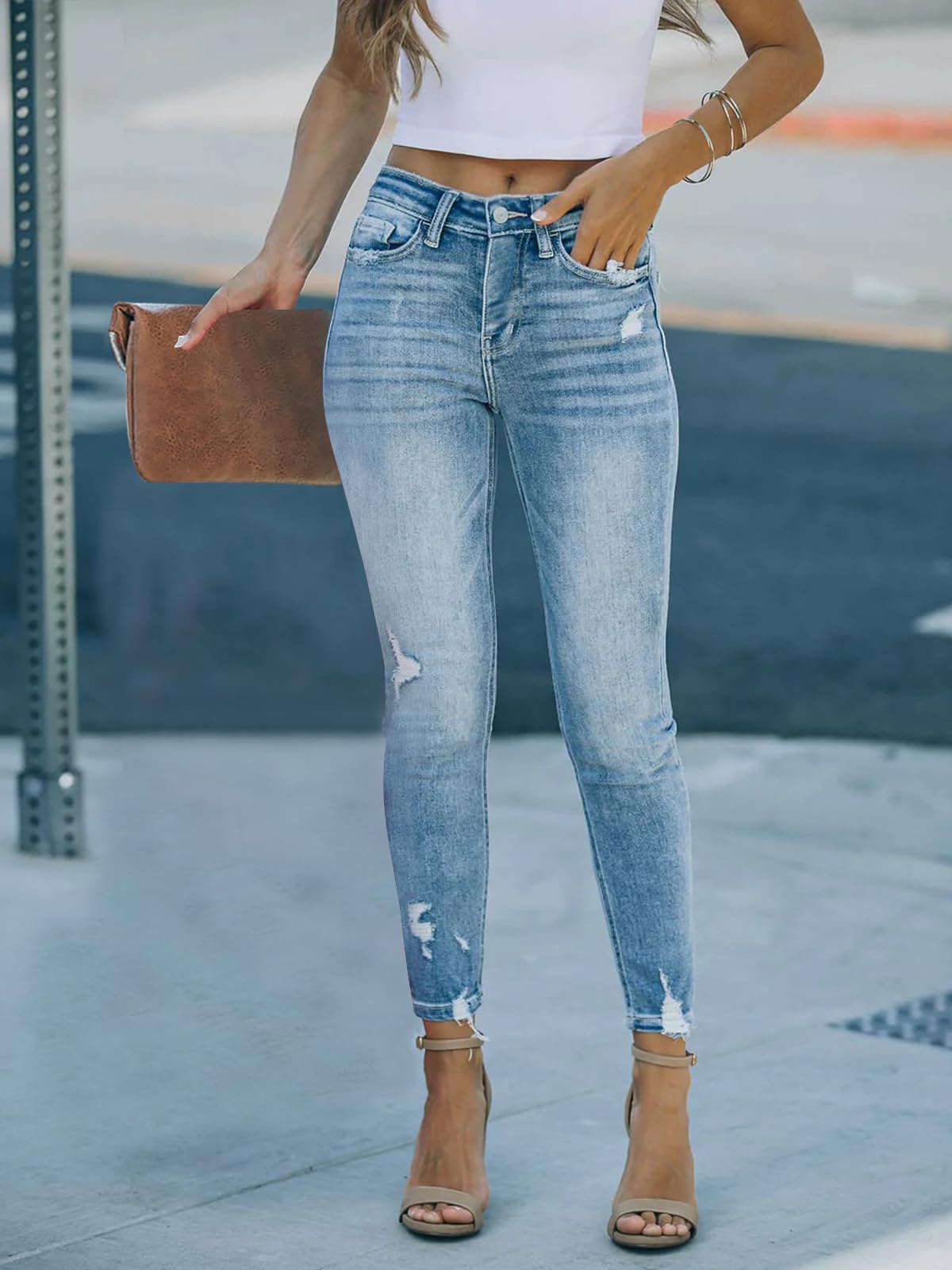 Women's Ripped Skinny Jeans Distressed Stretchy Denim Pants