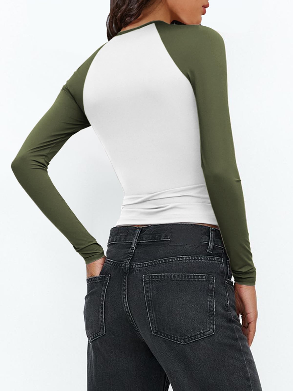 Women's Long Sleeve Shirts Slim Fit Stretchy Color Block Slightly Cropped Tops