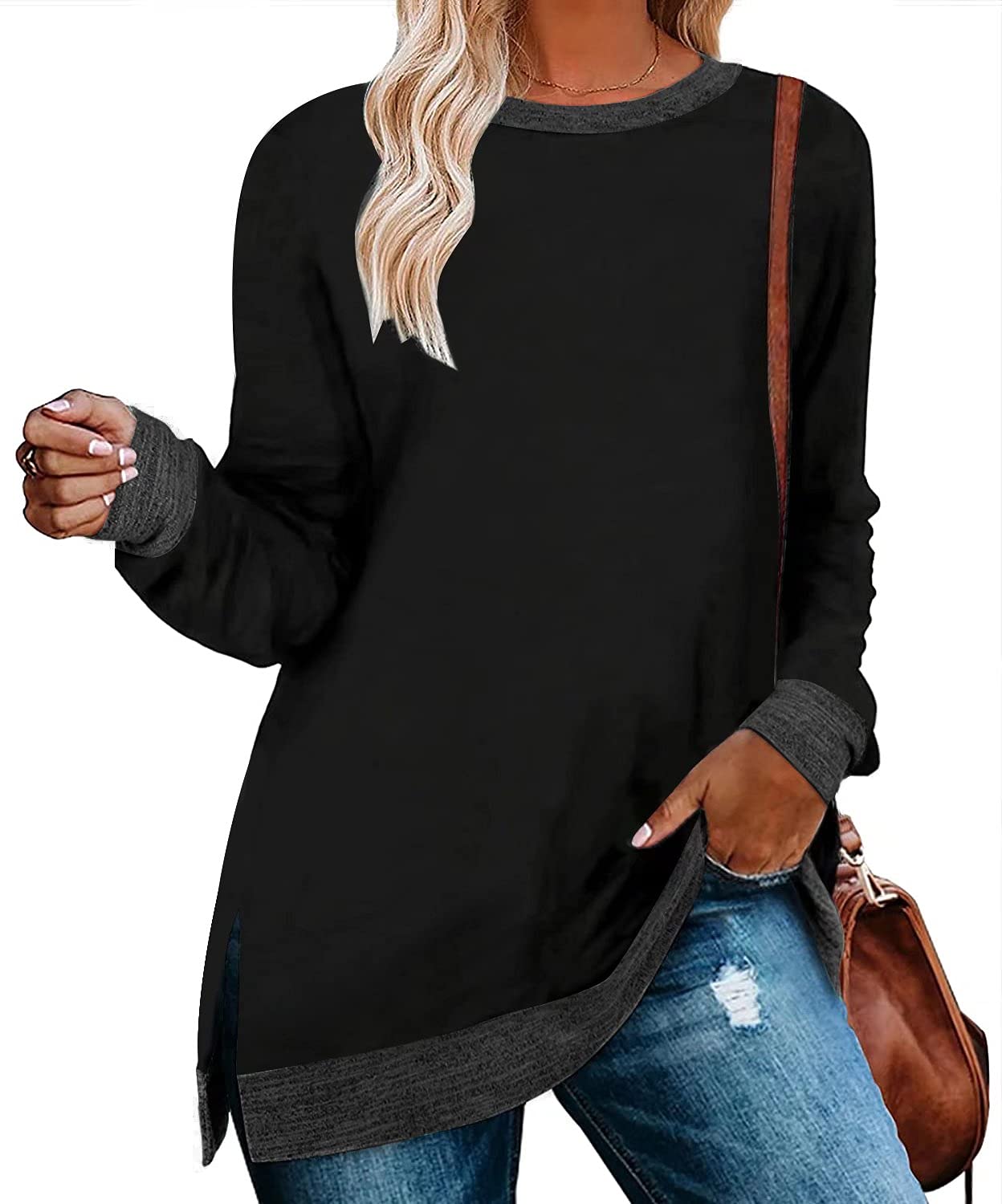 Womens Crewneck Pullovers Color Block Long Sleeve Side Split Tunic Tops