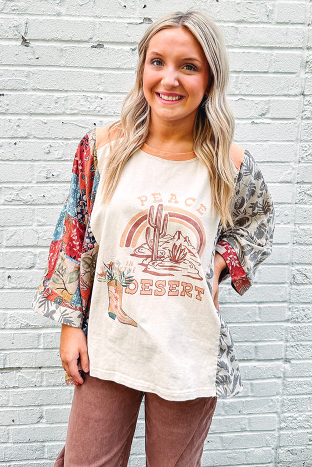Multicolour Asymmetric Printed Patchwork Sleeve Peace Desert Graphic Top
