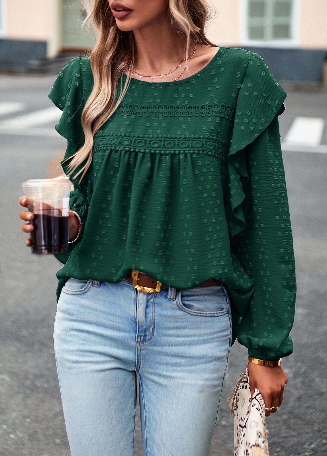 Women's Long Sleeve Blouses Ruffle Swiss Dot Crochet Loose Fit