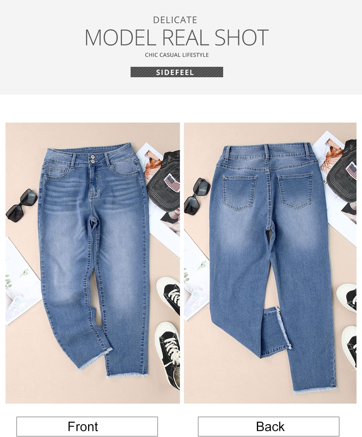 Women's High Waisted Jeans Strechy Raw Hem Straight Leg Denim Pants with Pockets