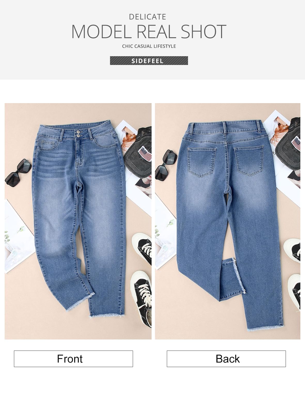 Women's High Waisted Jeans Strechy Raw Hem Straight Leg Denim Pants with Pockets