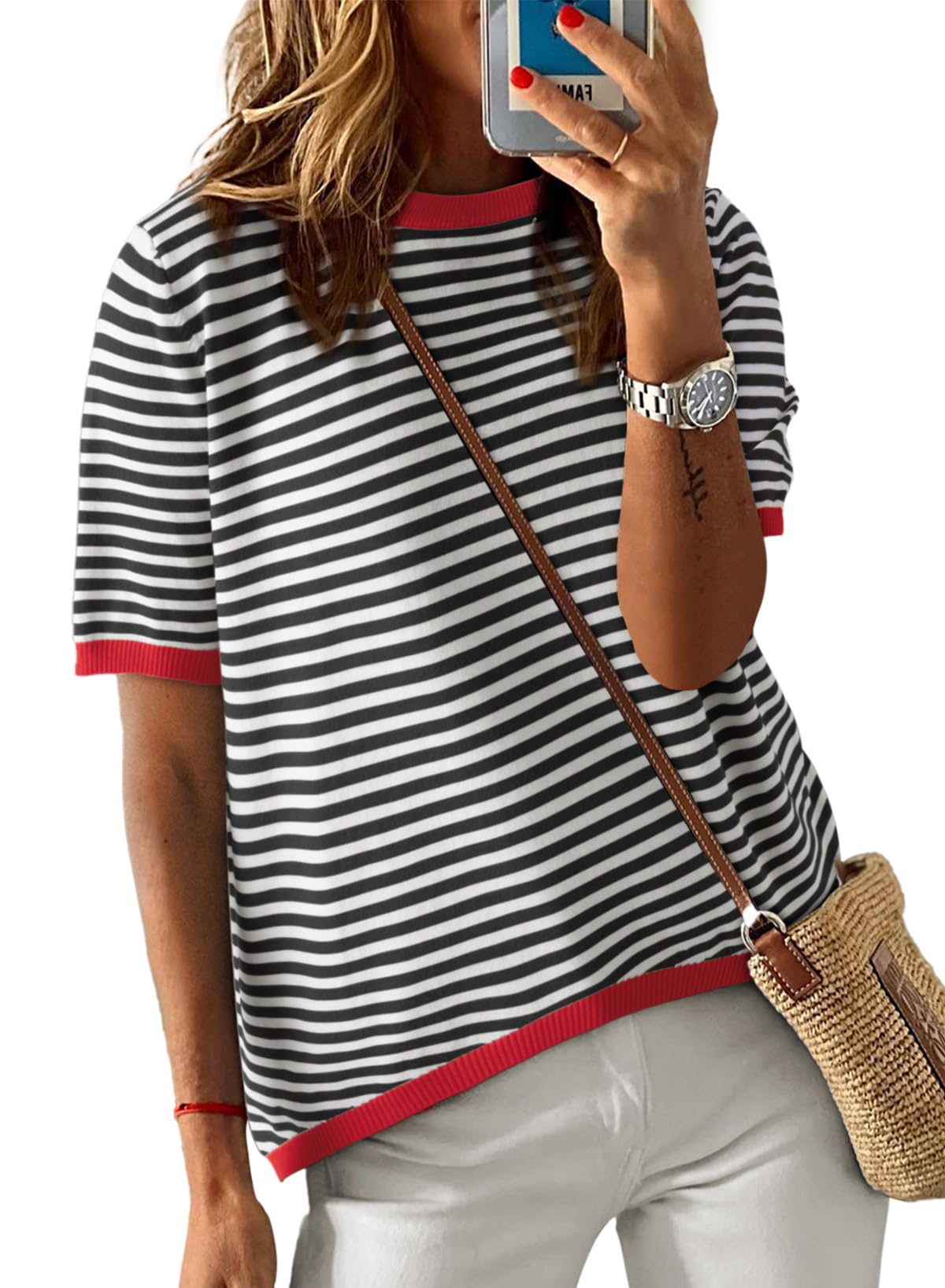 Womens Tops CasualCrewneck Short Sleeve Striped Color Block Knit Trendy Pullover Sweaters