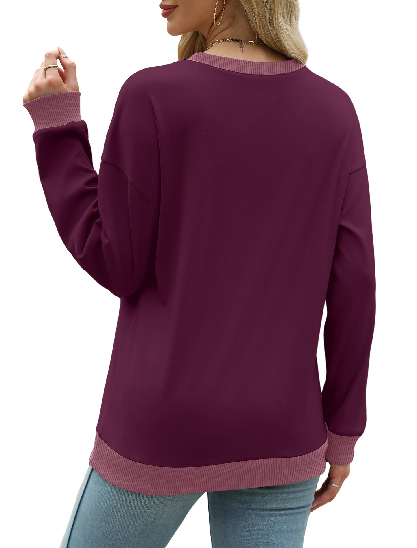 Sweatshirts for Women Crewneck Long Sleeve Loose Fit Tops Color Block Ribbed Trim Fashion