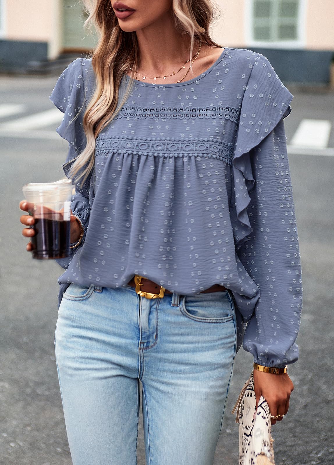 Women's Long Sleeve Blouses Ruffle Swiss Dot Crochet Loose Fit