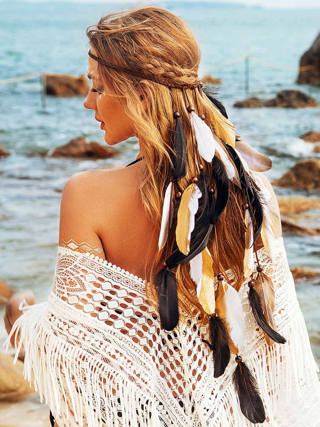 GORTIN Boho Feather Headband Gypsy Headpiece Headdress Bohemian Hippie Headbands Indian Festival Hair Band Adjust Long Feather Hair Accessories for Women and Girls (Black+Green)