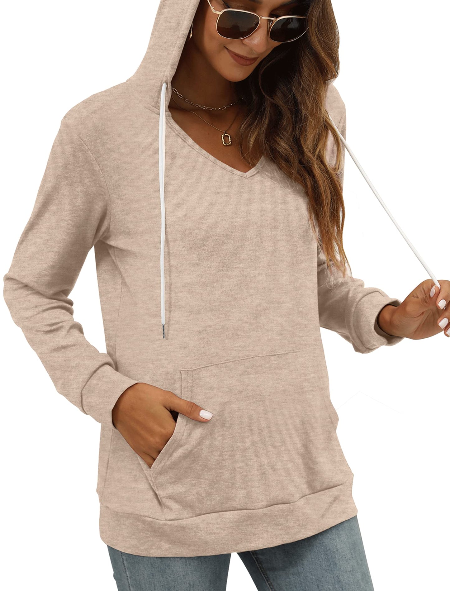Pocket Hoodies for Womens V Neck Lightweight Sweatshirts Long Sleeve Tops