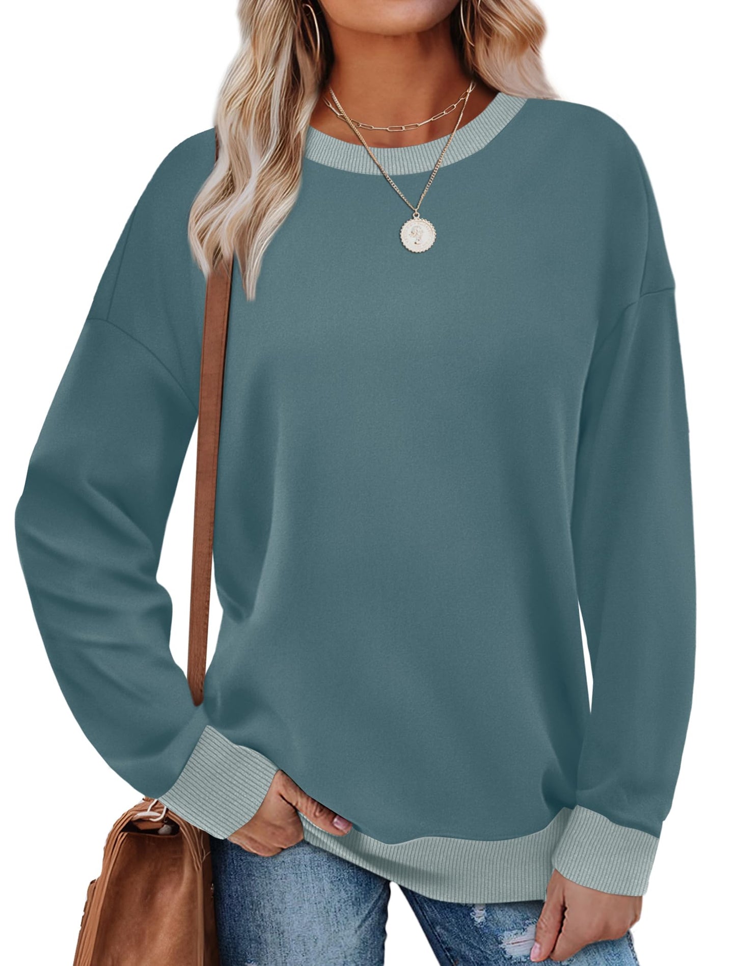 Sweatshirts for Women Crewneck Long Sleeve Loose Fit Tops Color Block Ribbed Trim Fashion