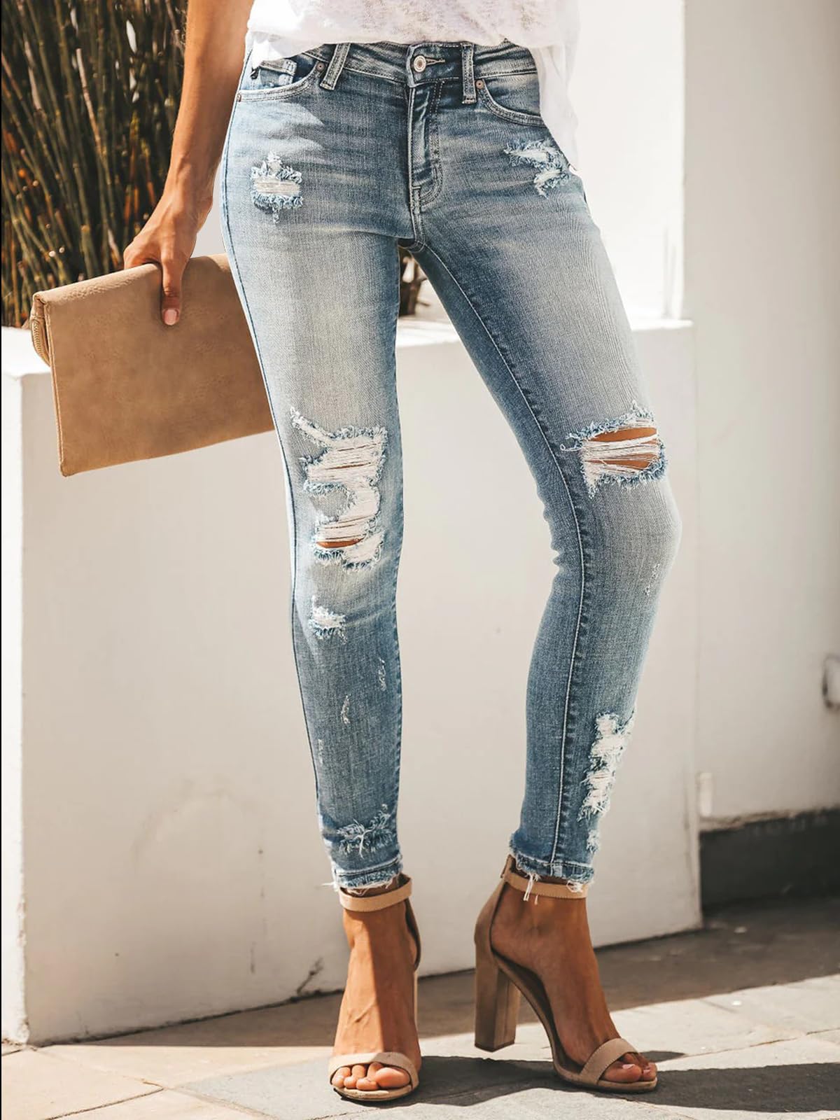 Women's Ripped Skinny Jeans Distressed Stretchy Denim Pants