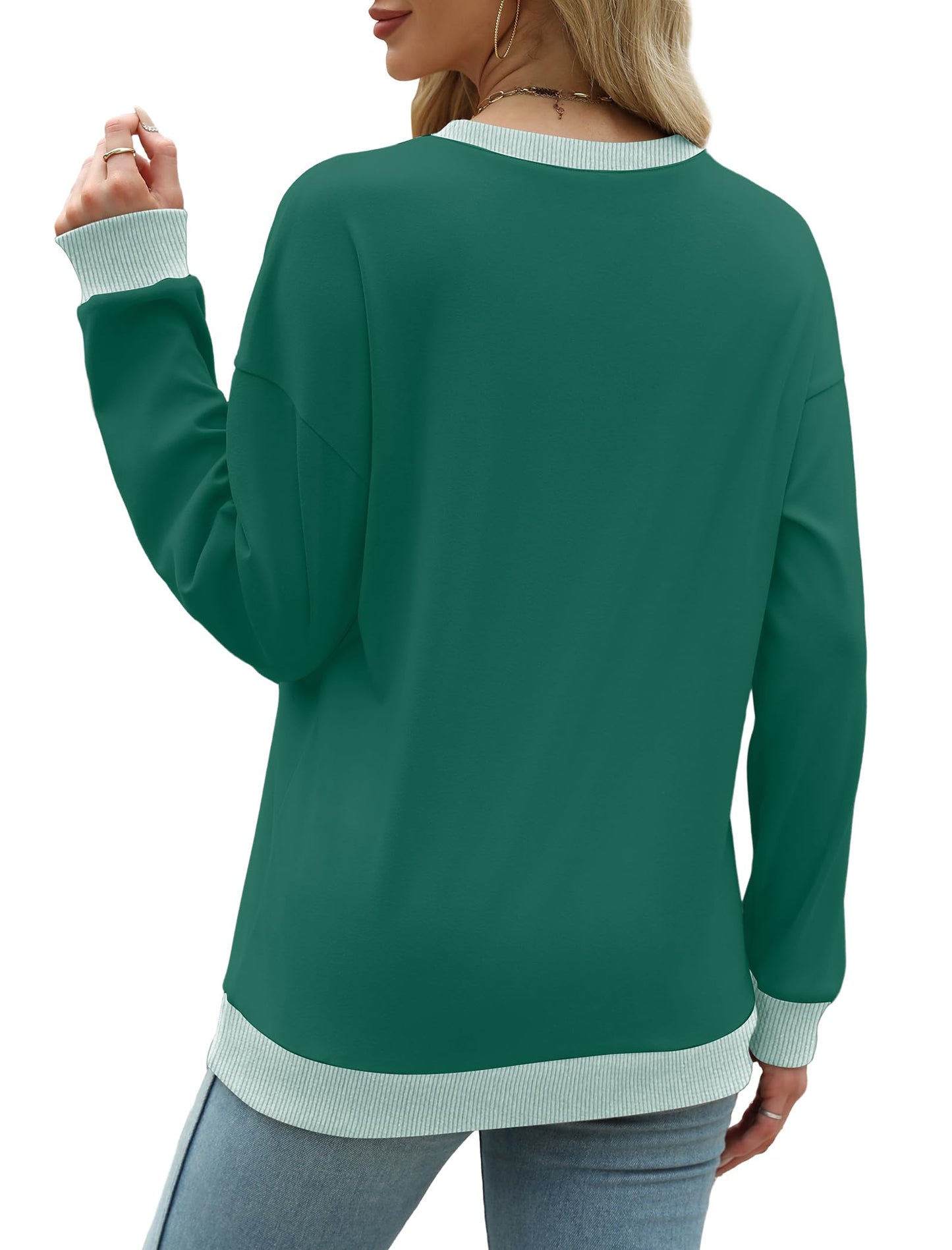 Sweatshirts for Women Crewneck Long Sleeve Loose Fit Tops Color Block Ribbed Trim Fashion