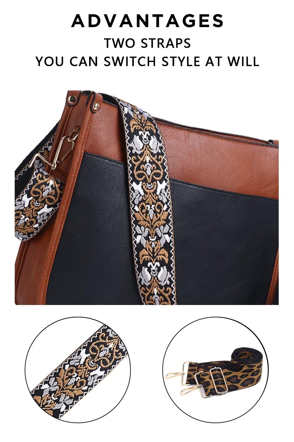 Vegan Leather Crossbody Bags for Women, Crossbody Purse with Guitar Strap Zipped Pockets Handbag