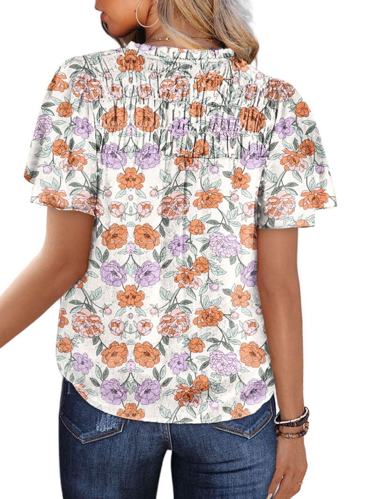 Women's Casual V Neck Floral Print Smocked Short Sleeve Chiffon Blouses Bohemian Top Shirts
