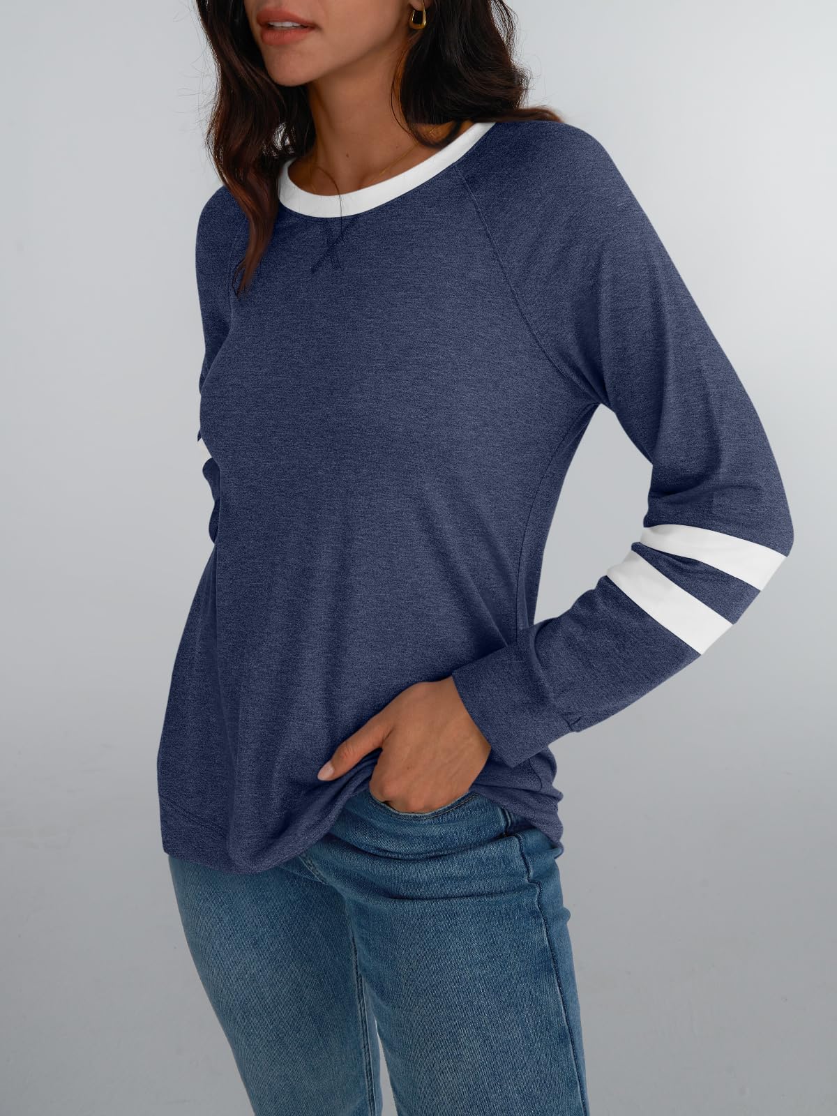 Womens Long Sleeve Shirts Color Block Casual Crewneck Tops Tshirt