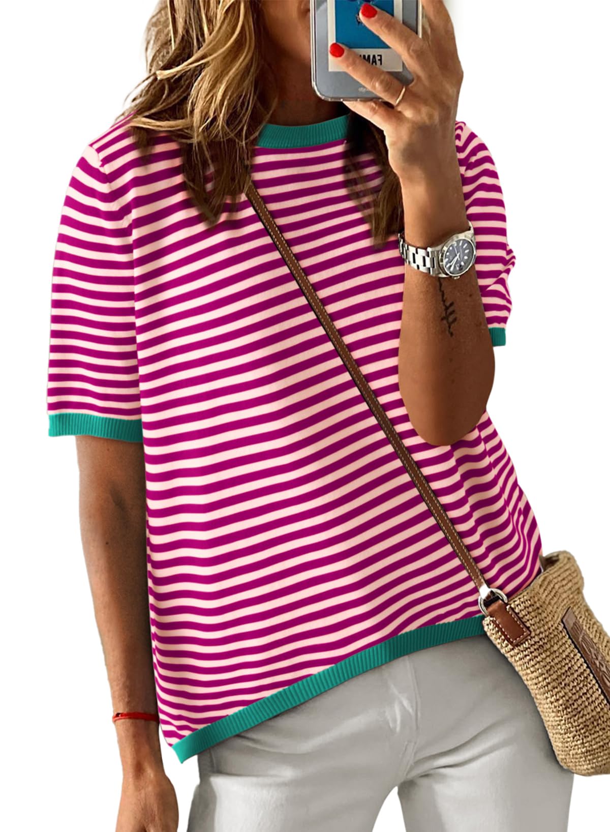 Womens Tops CasualCrewneck Short Sleeve Striped Color Block Knit Trendy Pullover Sweaters