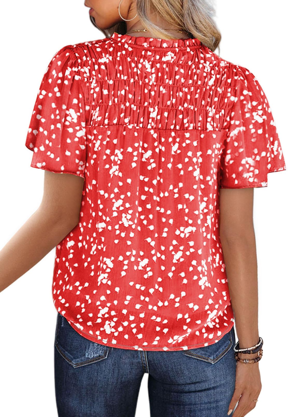 Women's Casual V Neck Floral Print Smocked Short Sleeve Chiffon Blouses Bohemian Top Shirts