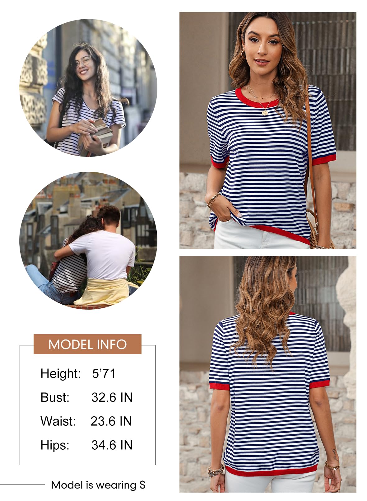 Womens Tops CasualCrewneck Short Sleeve Striped Color Block Knit Trendy Pullover Sweaters