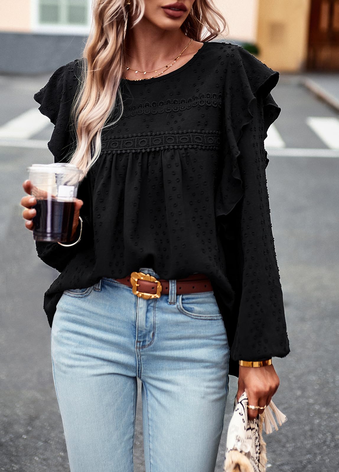 Women's Long Sleeve Blouses Ruffle Swiss Dot Crochet Loose Fit