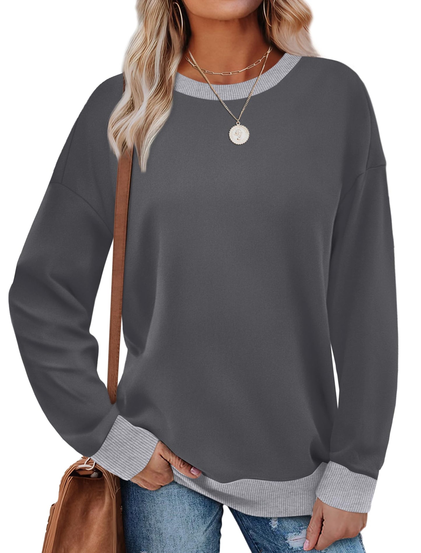 Sweatshirts for Women Crewneck Long Sleeve Loose Fit Tops Color Block Ribbed Trim Fashion