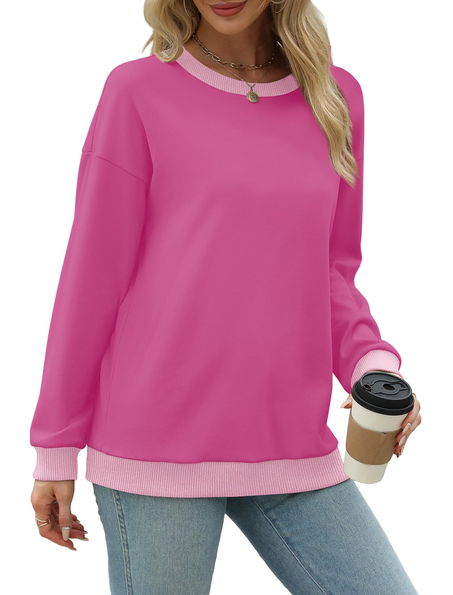 Sweatshirts for Women Crewneck Long Sleeve Loose Fit Tops Color Block Ribbed Trim Fashion