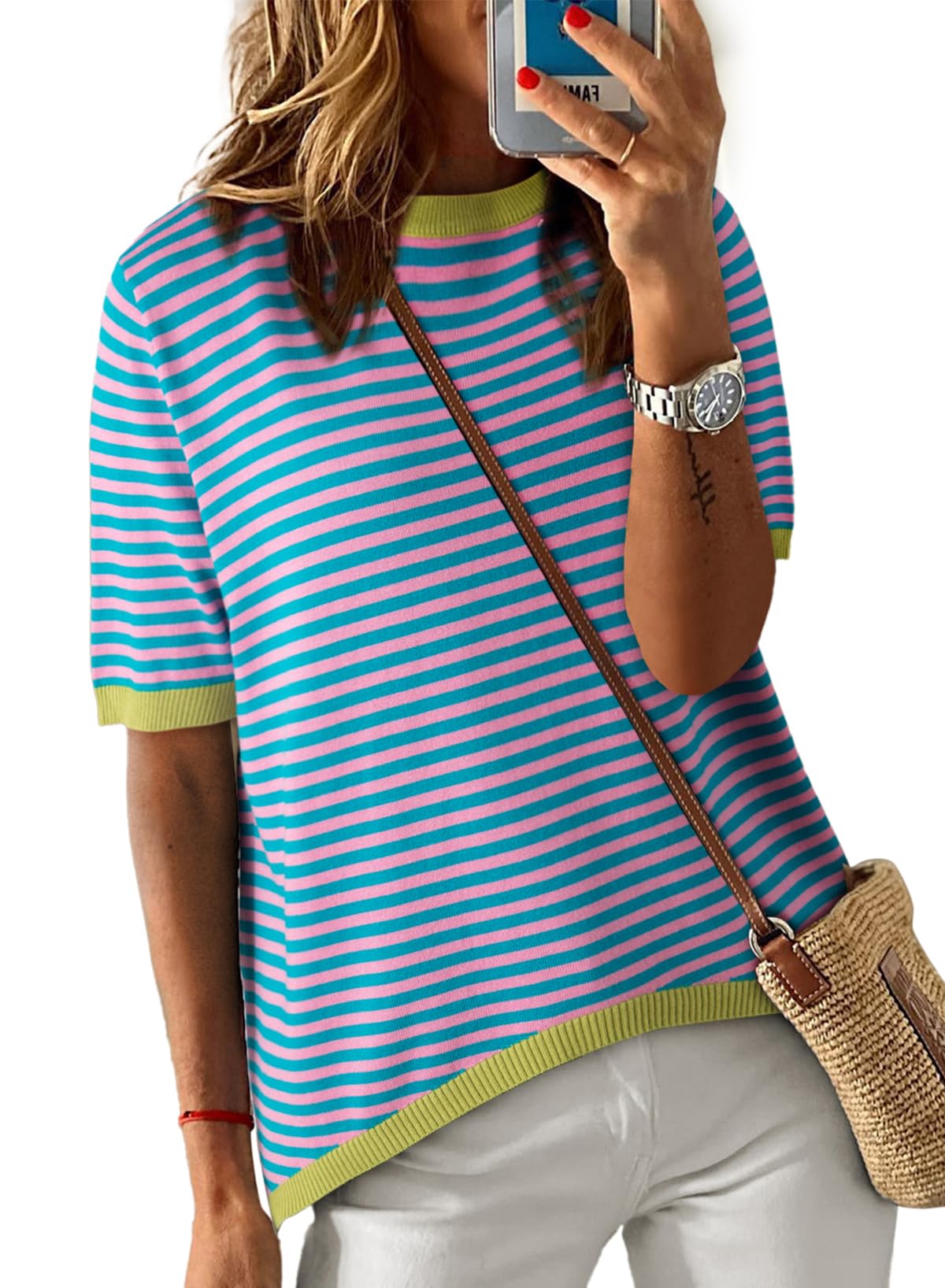 Womens Tops CasualCrewneck Short Sleeve Striped Color Block Knit Trendy Pullover Sweaters