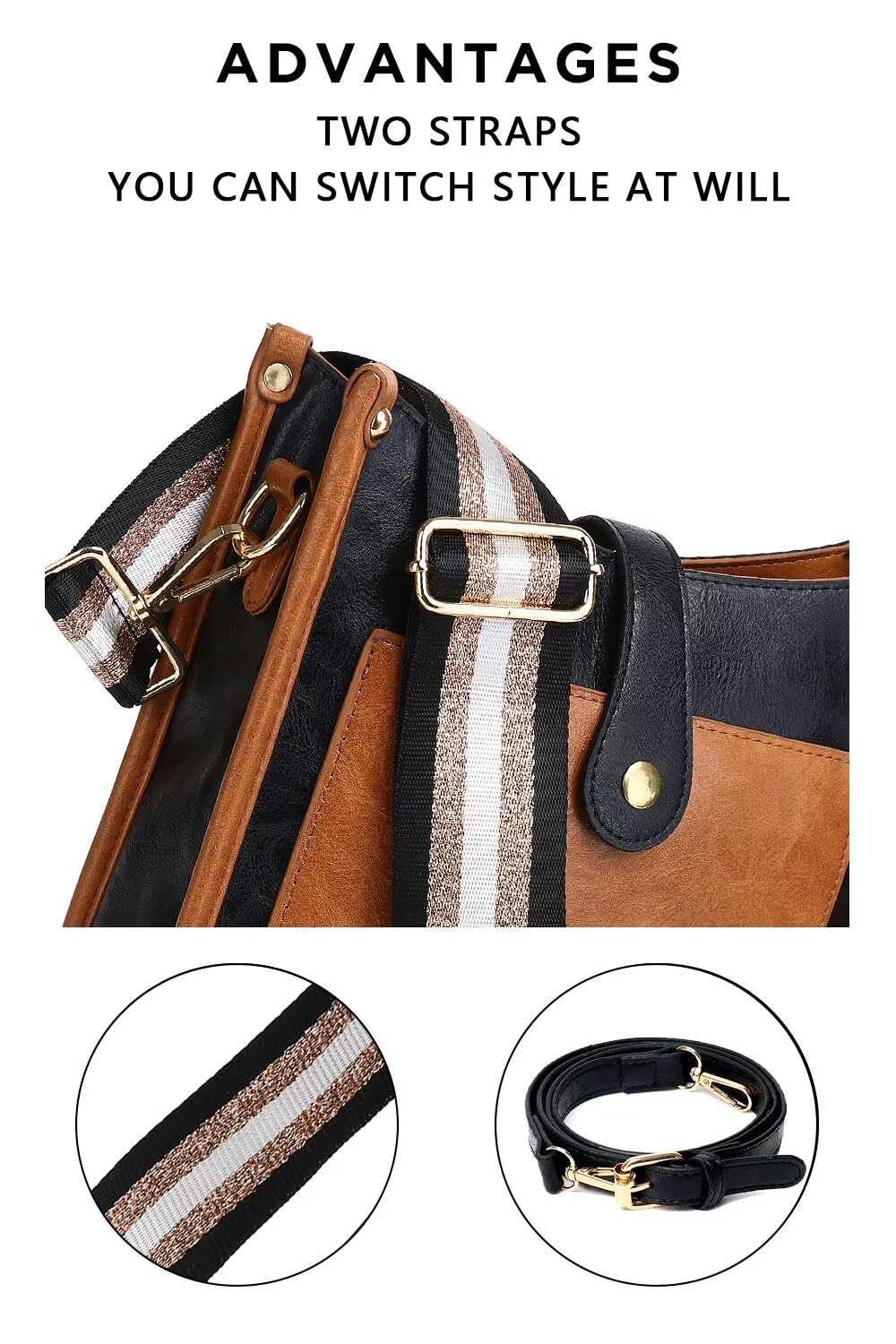 Vegan Leather Crossbody Bags for Women, Crossbody Purse with Guitar Strap Zipped Pockets Handbag