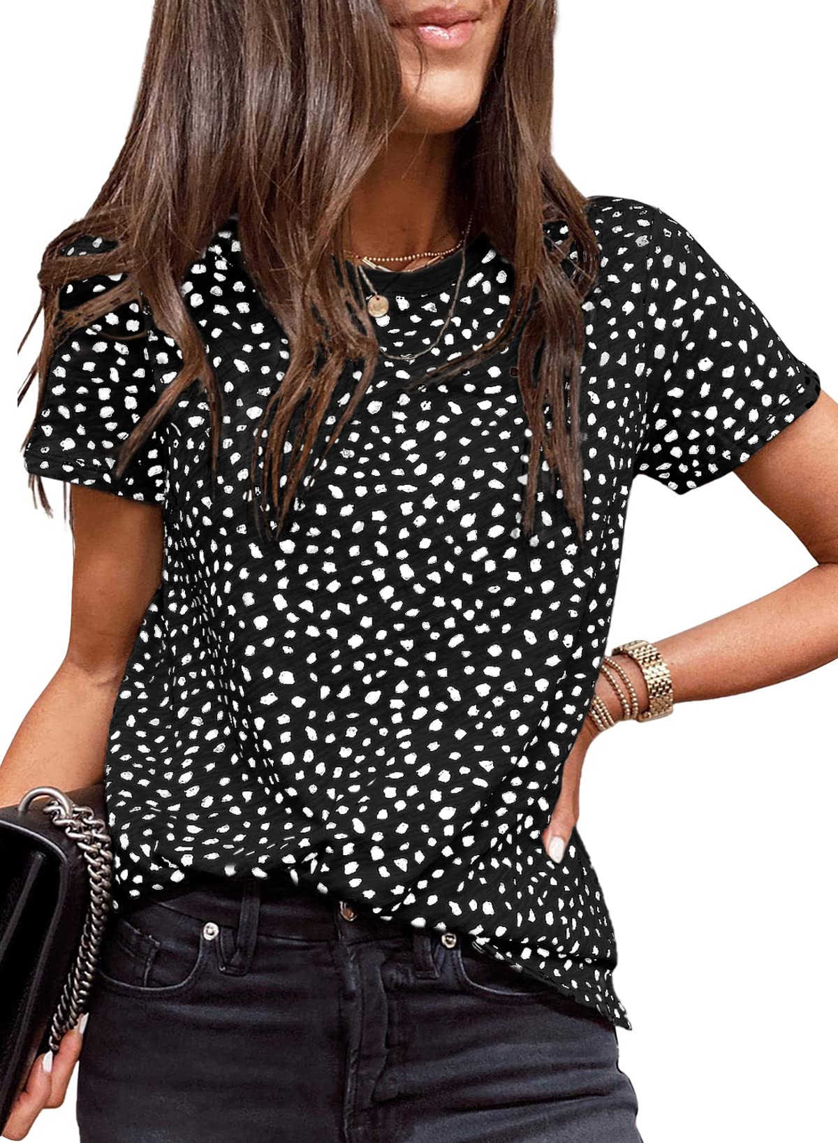 Womens Casual Polka Dot Tops Crewneck Short Sleeve T Shirts Fashion 2024 Spring Summer Loose Fit Shirts
