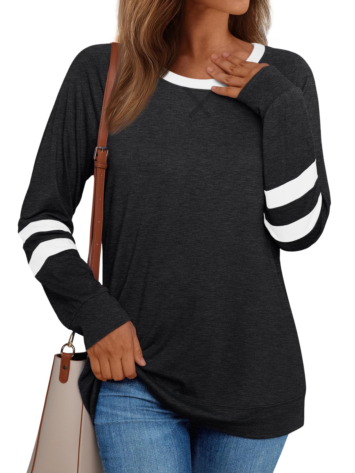 Womens Long Sleeve Shirts Color Block Casual Crewneck Tops Tshirt Basic Tees Fashion Clothes Trendy Outfits