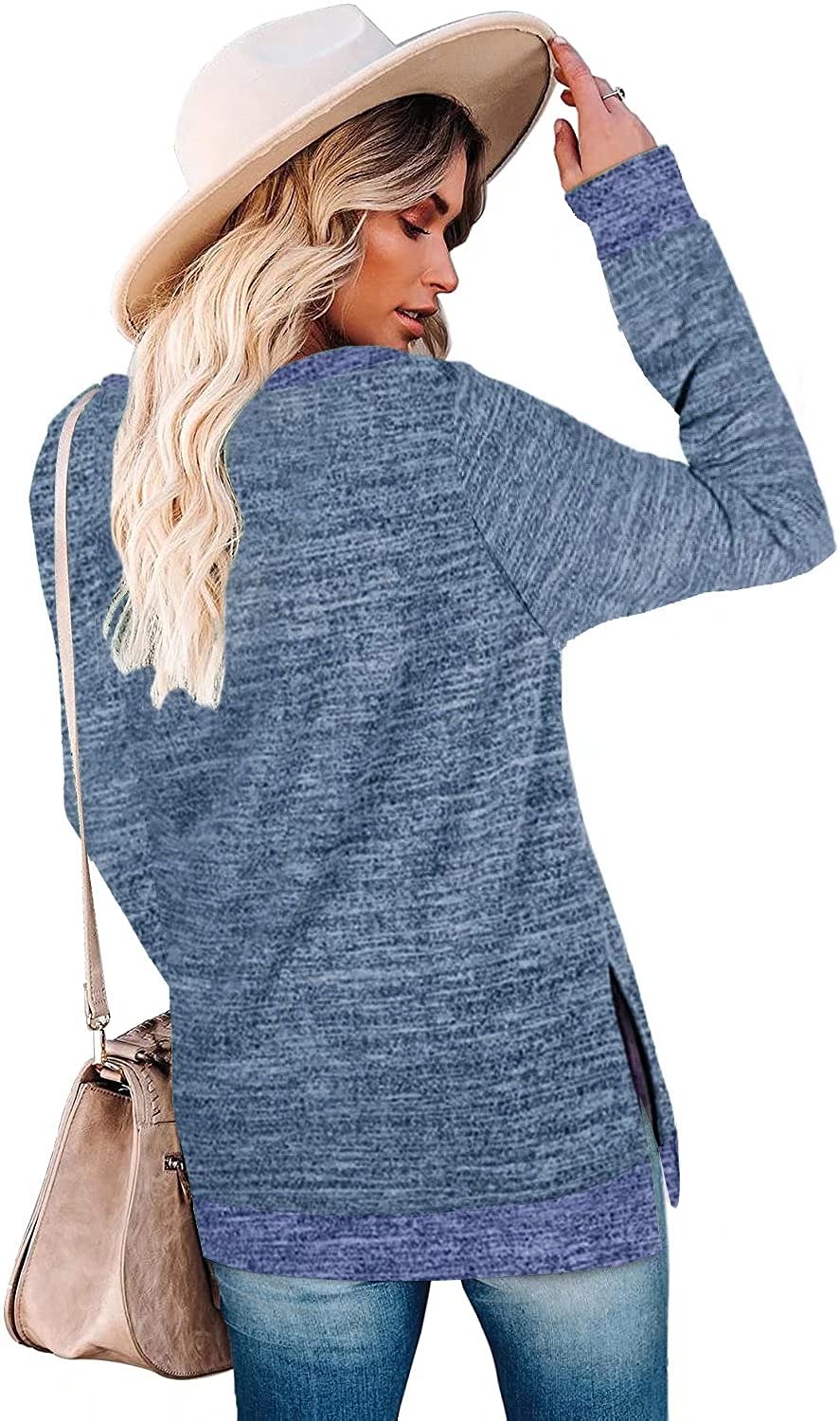 Womens Crewneck Pullovers Color Block Long Sleeve Side Split Tunic Tops