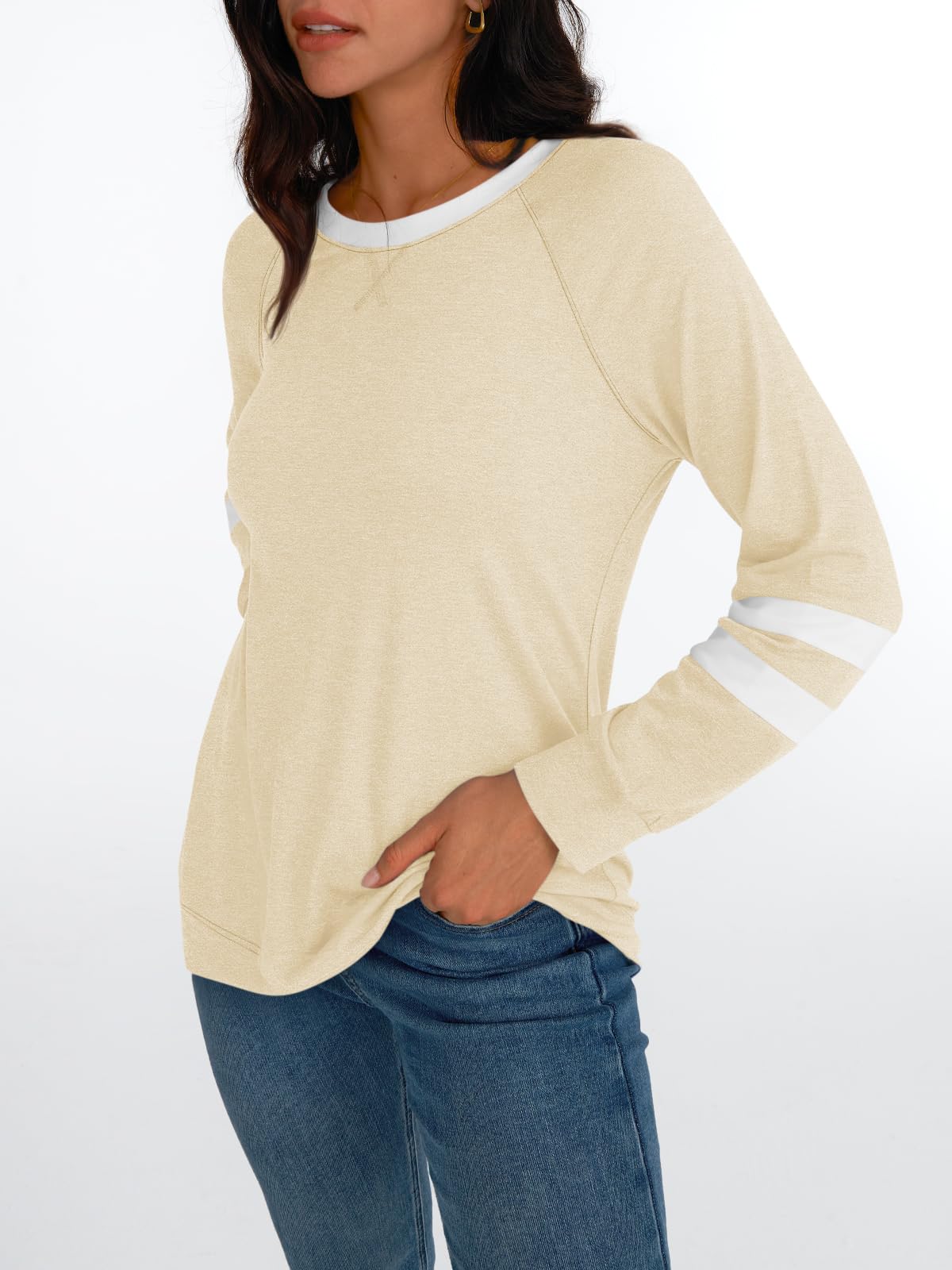Womens Long Sleeve Shirts Color Block Casual Crewneck Tops Tshirt Basic Tees Fashion Clothes Trendy Outfits