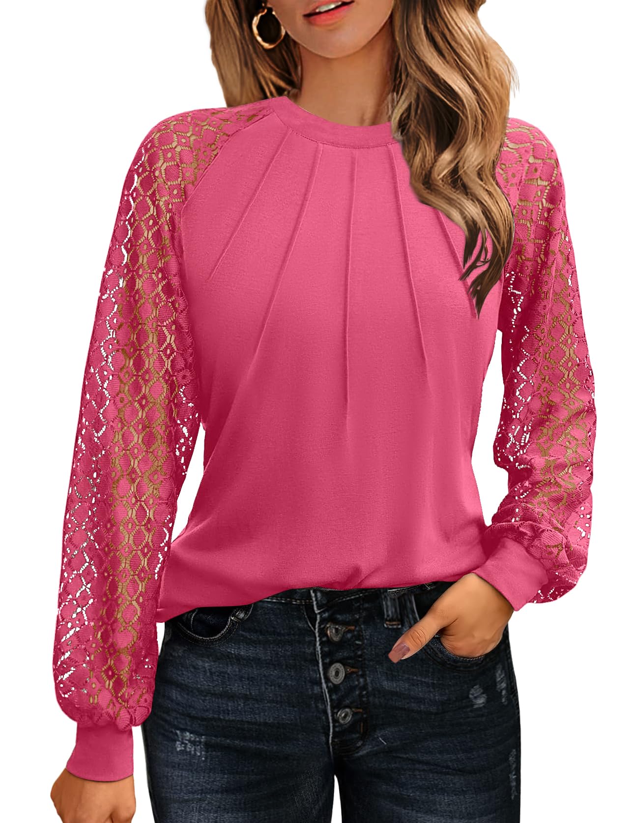 Women's Lace Long Sleeve Tops Dressy Business Casual Blouses Front Pleated Work Shirts