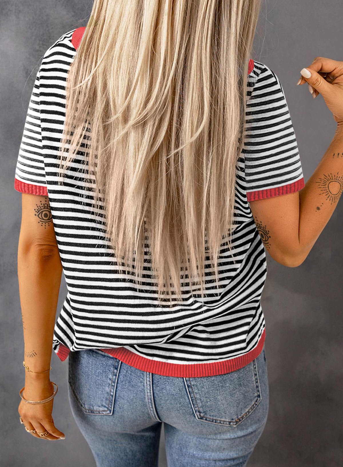 Womens Tops CasualCrewneck Short Sleeve Striped Color Block Knit Trendy Pullover Sweaters