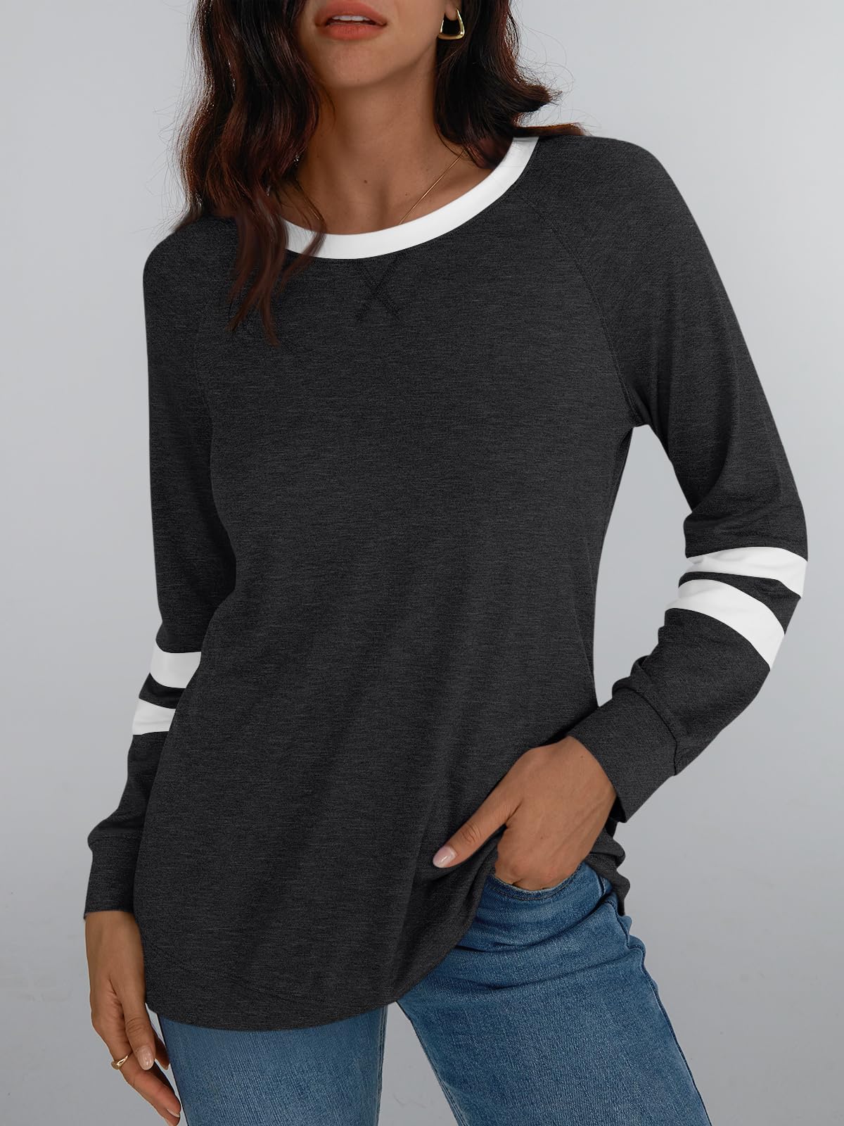 Womens Long Sleeve Shirts Color Block Casual Crewneck Tops Tshirt