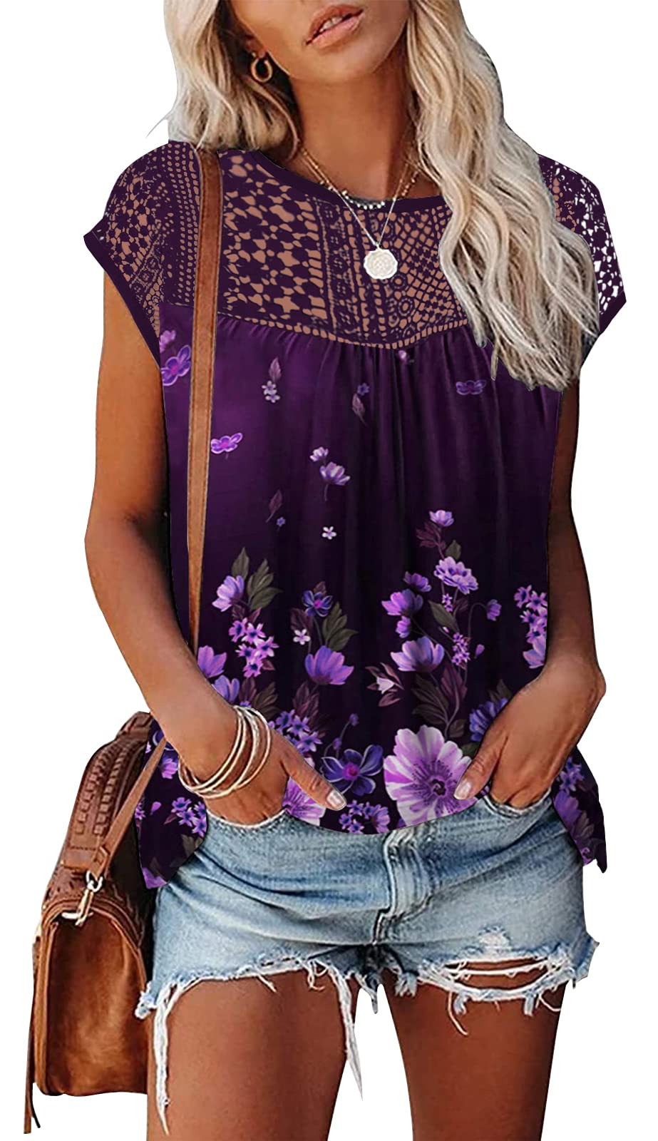 Womens Cap Sleeve Tops 2024 Trendy Floral Print Summer Tops Loose Fit Lace T Shirts Blouses