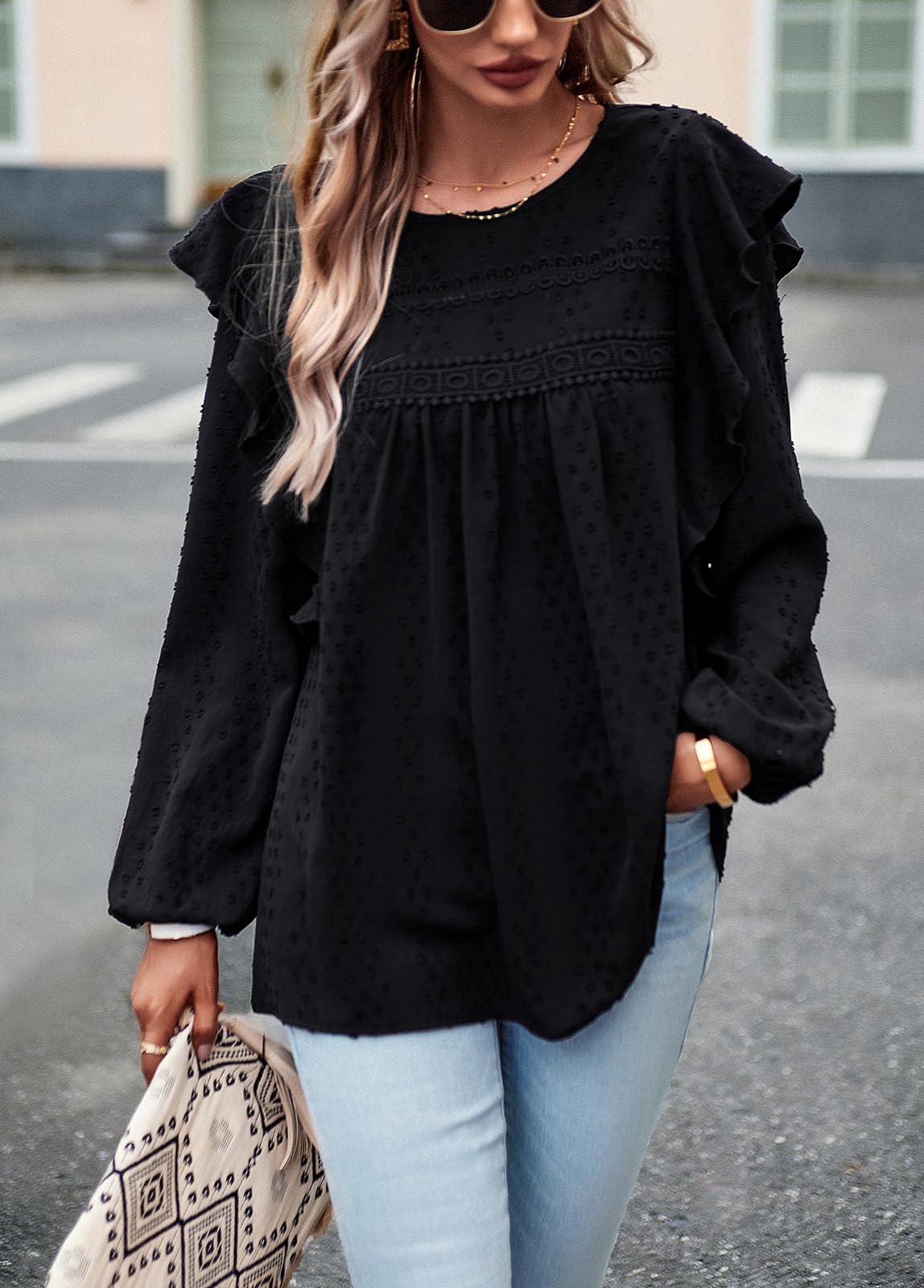 Women's Long Sleeve Blouses Ruffle Swiss Dot Crochet Loose Fit