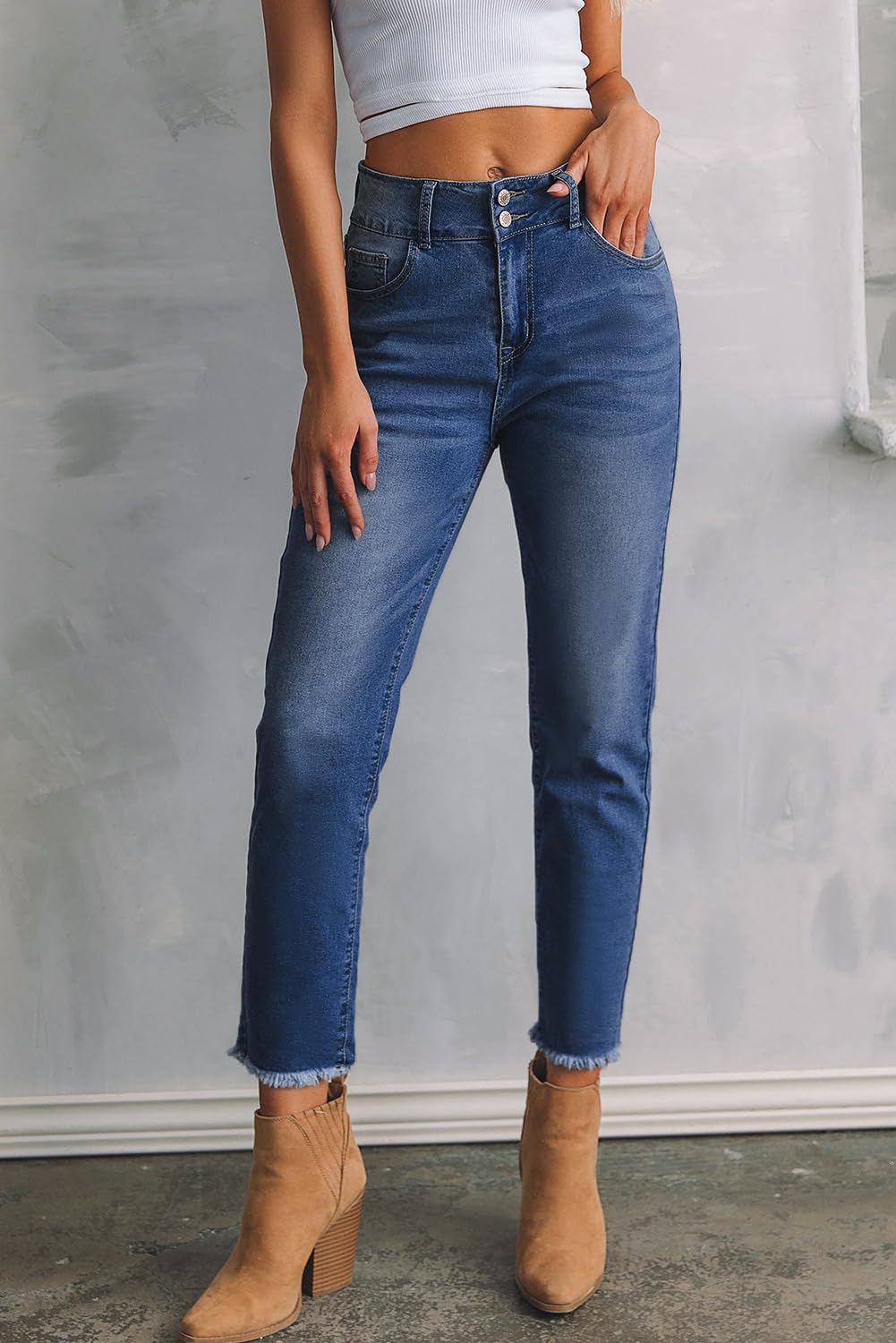 Women's High Waisted Jeans Strechy Raw Hem Straight Leg Denim Pants with Pockets