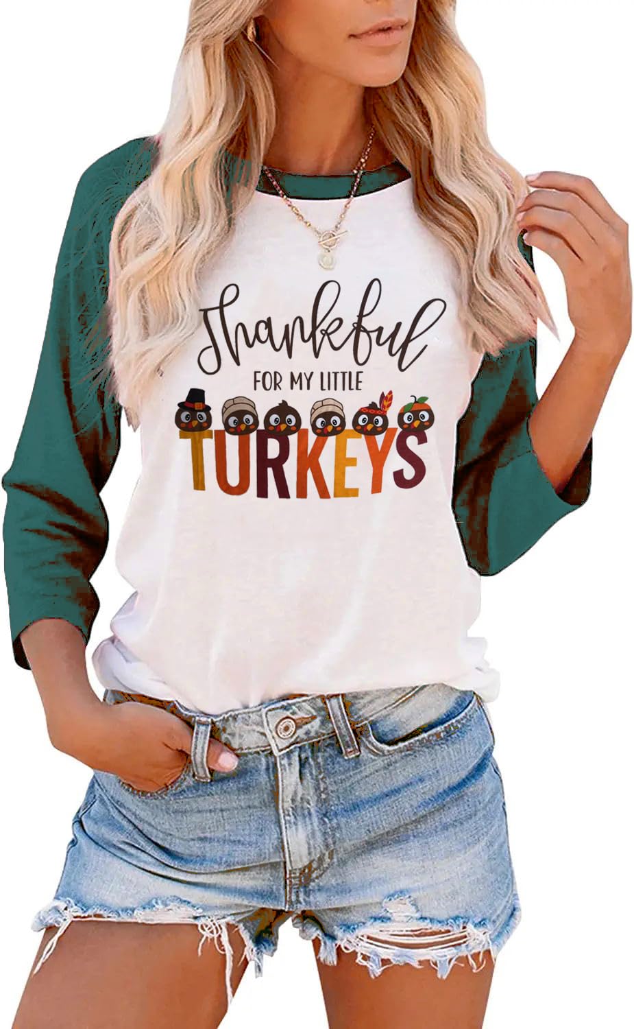Thankful for My Little Turkeys Shirt Women Thanksgiving Tshirt Cute Graphic Raglan 3/4 Sleeve Baseball Tee Tops