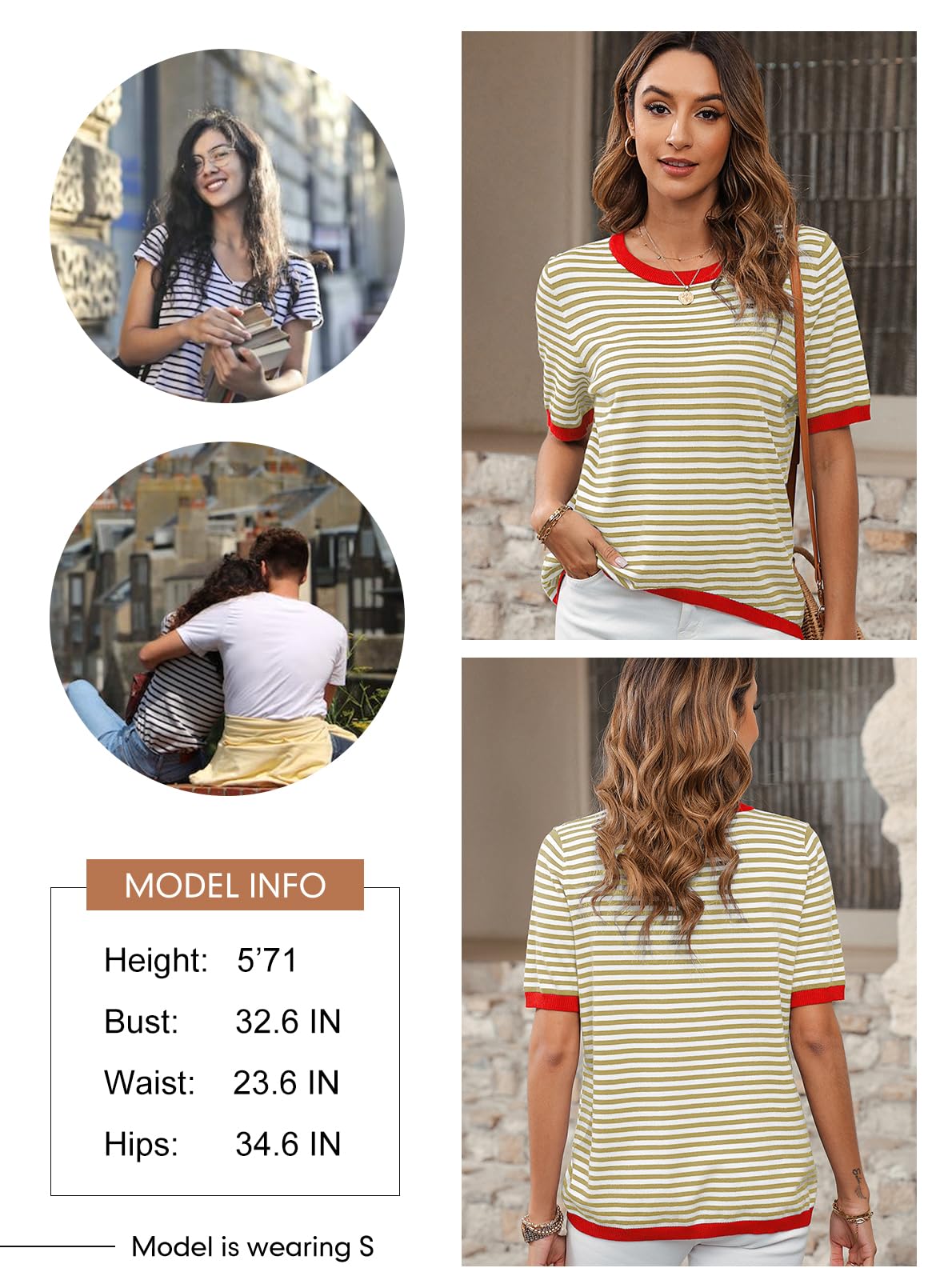 Womens Tops CasualCrewneck Short Sleeve Striped Color Block Knit Trendy Pullover Sweaters