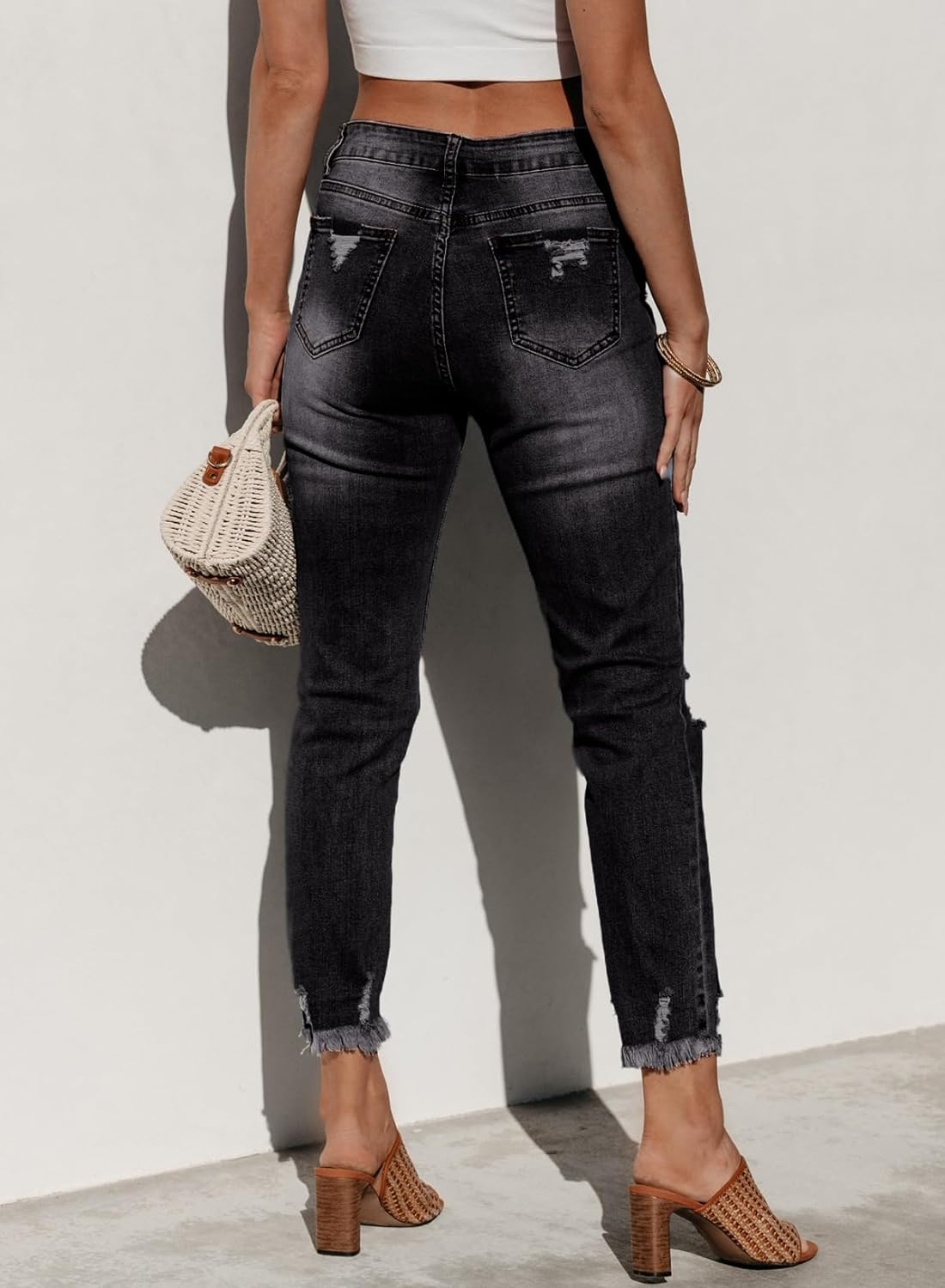 Women's Ripped Jeans Straight Leg Distressed Boyfriend Denim Pants